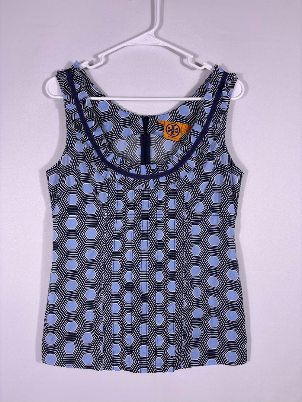 Tory Burch Blue Geometric Print Sleeveless Top Tunic Pockets Cotton Size 6